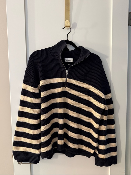 & Other Stories Sweaters - & Other Stories Navy and Cream Striped Half-Zip Sweater